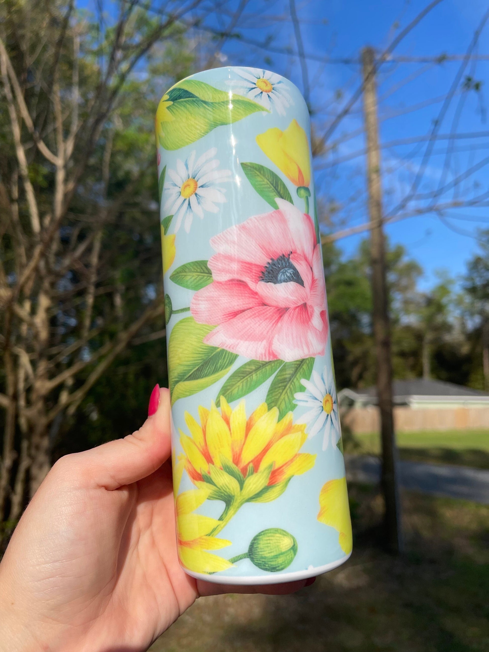 Beautiful rose blue pink yellow sunflower rose, floral artsy spring tumbler 20oz. With lid and straw. Personalizable