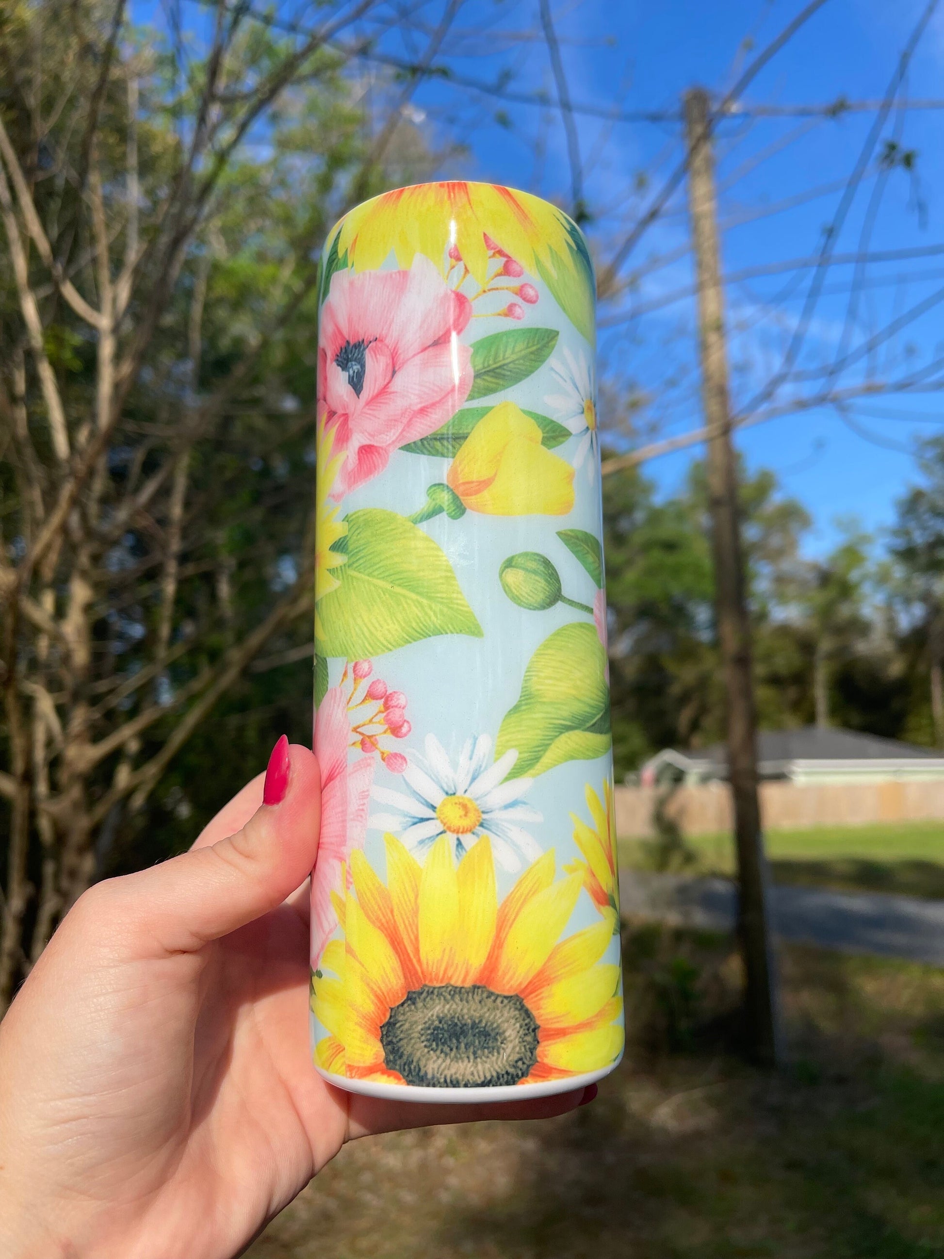 Beautiful rose blue pink yellow sunflower rose, floral artsy spring tumbler 20oz. With lid and straw. Personalizable