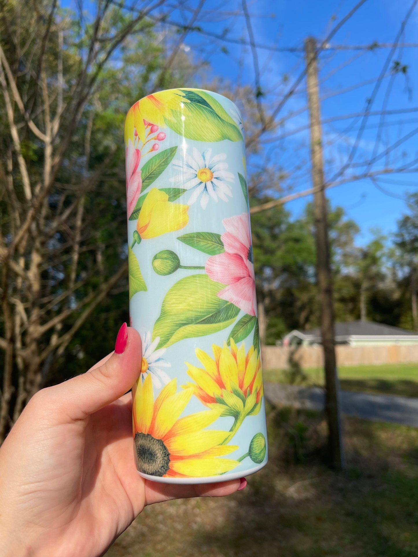 Beautiful rose blue pink yellow sunflower rose, floral artsy spring tumbler 20oz. With lid and straw. Personalizable