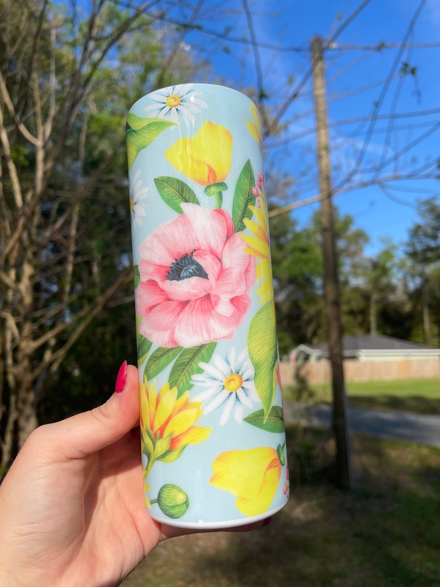 Beautiful rose blue pink yellow sunflower rose, floral artsy spring tumbler 20oz. With lid and straw. Personalizable