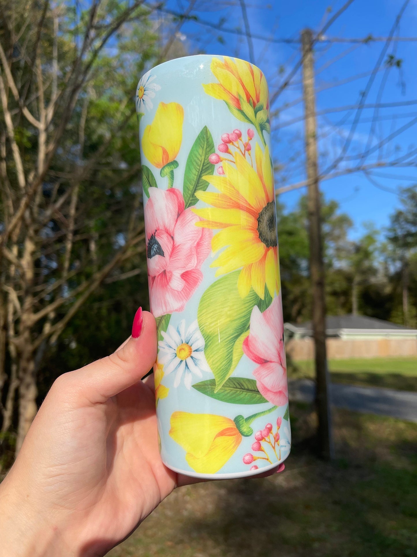 Beautiful rose blue pink yellow sunflower rose, floral artsy spring tumbler 20oz. With lid and straw. Personalizable